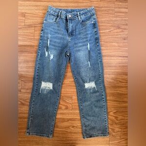 Distressed Blue Straight High Rise Jeans